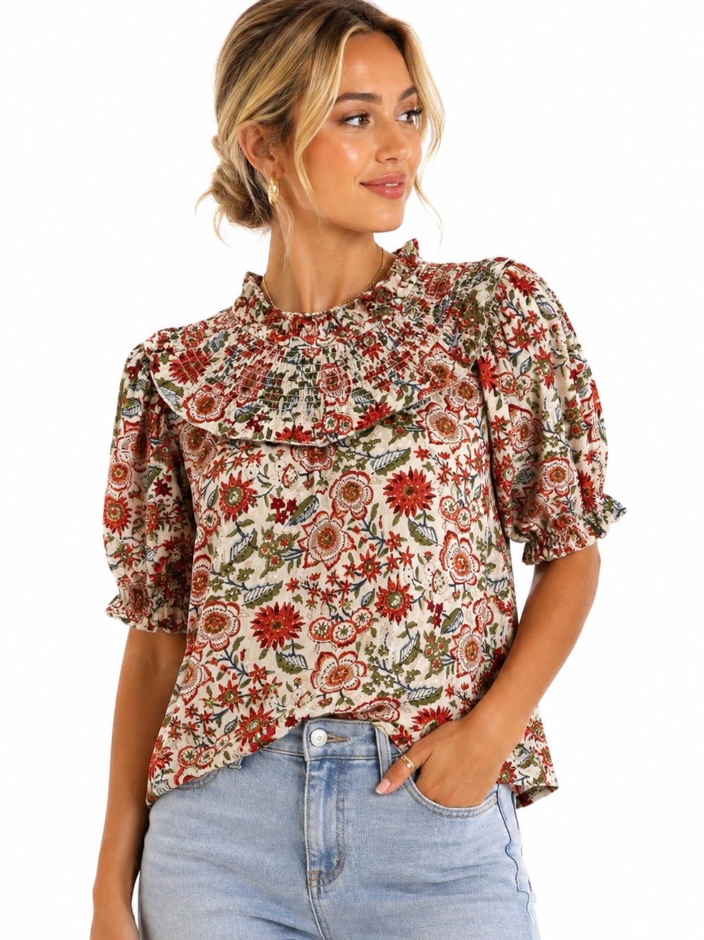 Sohana Floral Blouse Smocked Yoke puff sleeves size Large